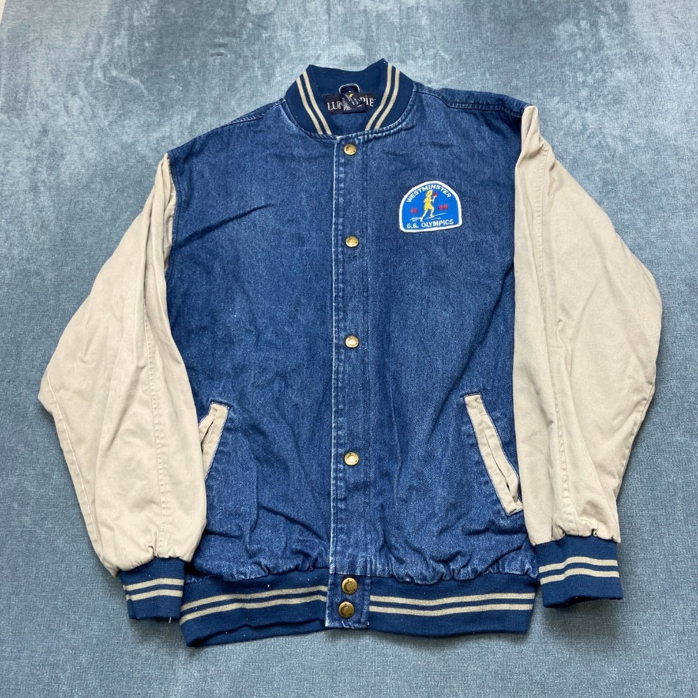 VTG Luna Pier Denim Varsity Jacket Mens Large Blue Beige Long Sleeve Snap Front